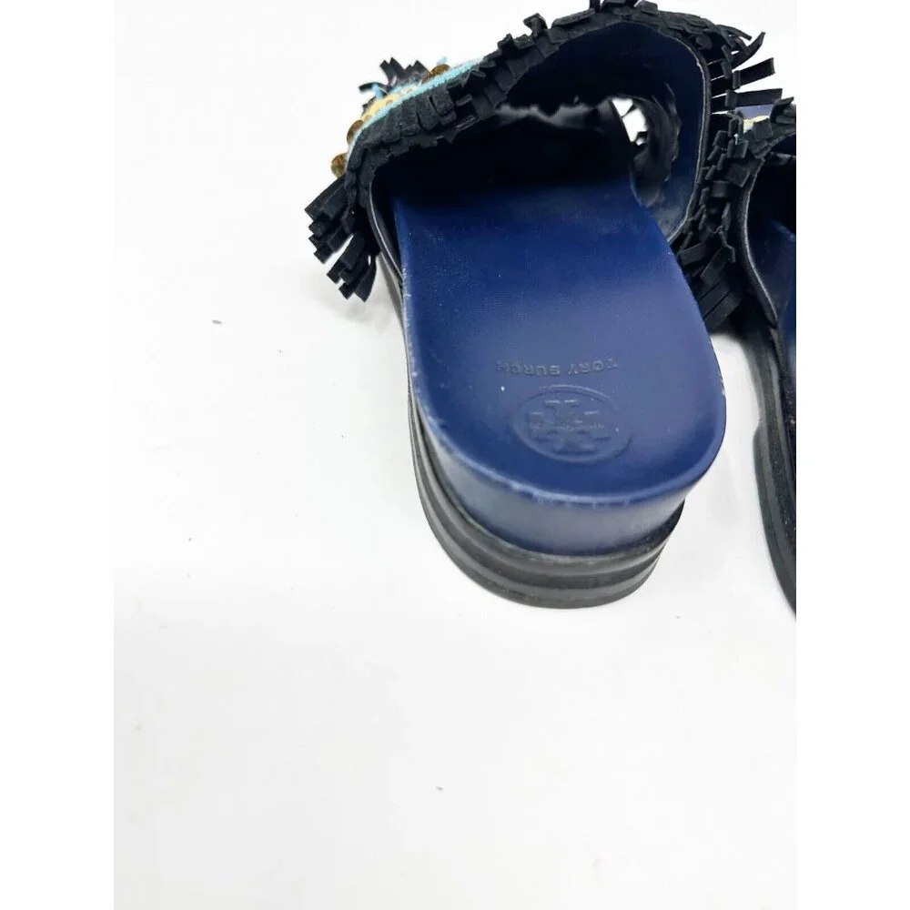 Tory Burch Isle‎ Slide Embellished Slip On Sandals Beaded Fringe Leather Size 7